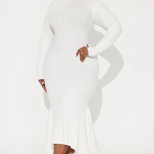 Fashion Nova Ivory Ribbed Long-Sleeve Mermaid Midi Dress